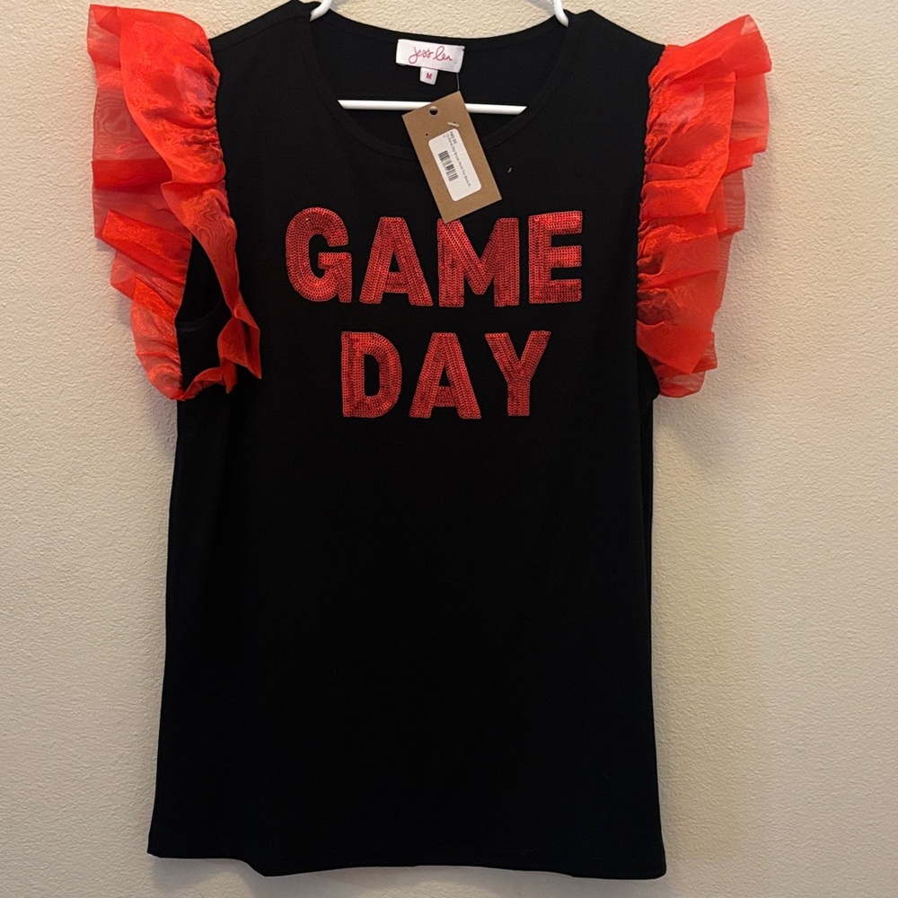 Jolie Moi Black "Game Day" Short Sleeve Tee with Red Ruffle Sleeves